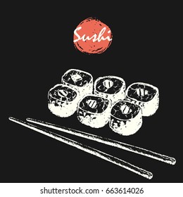 Hand drawn chalk sketch of sushi roll and chopsticks. Asian food vector illustration. Japanese food menu background.