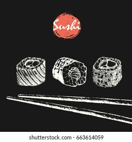 Hand drawn chalk sketch of sushi roll and masked chopsticks. Asian food vector illustration. Japanese food menu background.