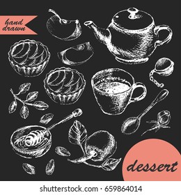 Hand drawn chalk sketch of tea and dessert. Teapot, apple tart, tea cup, honey and apple.
