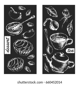 Hand drawn chalk sketch of tea and dessert flyers. Teapot, tea cup, apple tarts, honey and apple, almond, flower.