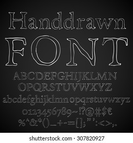 Hand drawn chalk sketched font: letters, numbers and symbols on a blackboard background, vector illustration