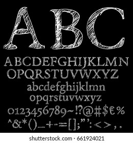 Hand drawn chalk sketched font: letters, numbers and symbols on a blackboard background, vector illustration