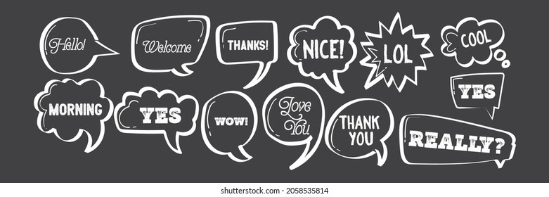 hand drawn chalk speaking bubbles with words yes, really, lol, nice, thanks, morning.