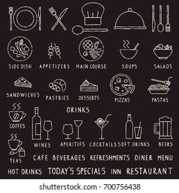 Hand drawn chalk stroke restaurant outline vector icons on blackboard
