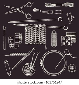 Hand drawn chalk stroked sewing and needlework related symbols