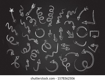 Hand drawn chalk style arrows collection vector illustration. Curves and spirals, round and twist arrows in grunge contour doodle style. Outline white chalked graphic set for sketchy infographic