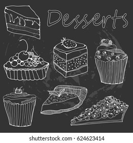 Hand drawn chalk style desserts. Vector set