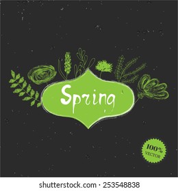 Hand drawn in chalk style spring caption in bubble with flowers and leafs white green and grey color