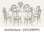 Hand drawn chalk table and chairs illustrations. Italian style wedding dinner table icon. Wine or champagne glass, plates drawings for wedding invitations, cafe menus and parties. Sketch doodle style.