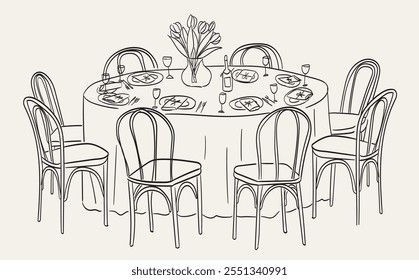 Hand drawn chalk table and chairs illustrations. Italian style wedding dinner table icon. Wine or champagne glass, plates drawings for wedding invitations, cafe menus and parties. Sketch doodle style.