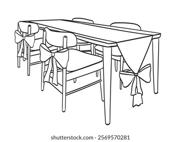 Hand drawn chalk table and chairs illustrations design. Italian style wedding dinner table decoration for wedding, birthday or anniversary invitations, cafe menus and parties. Sketch doodle style.