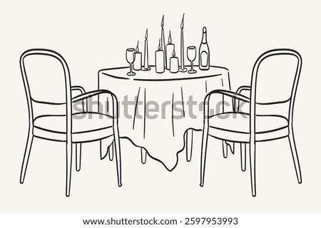 Hand drawn chalk table and chairs illustrations. Italian style wedding dinner table icon. Wine or champagne glass, candles drawings for wedding invitations, cafe menus and parties. Sketch doodle style