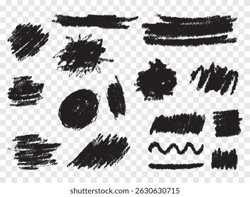 Conjunto de textura de giz desenhado à mão. Elemento de desenho de carvão vetorial. Mancha de carvão para banner, fundo. Rabiscar manchas pretas, pinceladas sujas