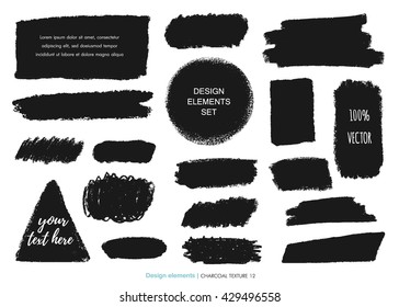 Hand drawn chalk texture set. Vector charcoal design element. Coal stain for banner, background. Scribble black smudges, dirty brush strokes