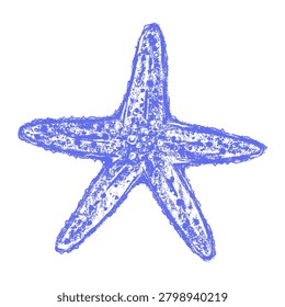 Hand Drawn Chalk Textured Blue Mediterranean Starfish. Whimsical Crayon Pencil Sketch Sea Star Marine Ocean Creature Clipart Element. Coastal Beach Scrapbook Graphic Echinoderm. Vector Illustration.
