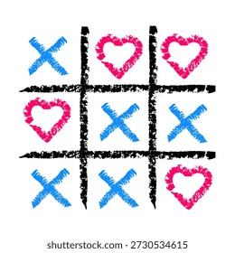 Dibujado a mano tiza tic tac toe ilustración con símbolos de corazón. Elemento de juego texturizado doodle XO con líneas de boceto expresivas.