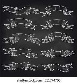 Hand drawn chalk vintage ribbons set on blackboard. Vector illustration