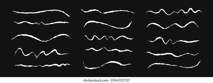 Hand drawn chalk wavy line set. White pastel squiggle underline and stroke collection. Vector crayon wave brushstroke bundle. Rough sketch marks and highlights for divide, separate and emphasis
