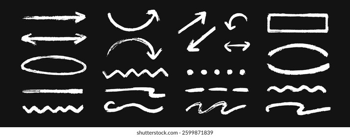 Hand drawn chalk wavy and straight line collection. Pastel underline stroke and arrow set. Crayon wave brushstroke and frames bundle. Vector sketch marks and highlights for divide, separate, emphasis