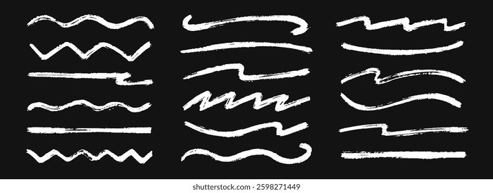 Hand drawn chalk wavy, zigzag straight line set. White pastel squiggle underline stroke collection. Crayon wave brushstroke bundles. Vector sketch marks and highlights for divide, separate, emphasis
