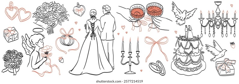 Hand drawn chalk wedding ceremony illustrations. Bride and groom icon. Wine champagne glasses, rings, flower bouquet drawings for invitations, menus, parties. Italian or french romantic sketch style.