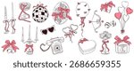 Hand drawn chalk wedding elements. Vintage coquette bow, cake, balloon, croissant, cocktail, disco ball, drawings for wedding invitations, cafe menus and parties. La dolce vita italian sketch style.