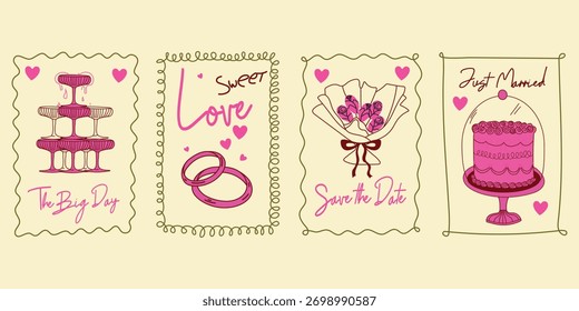 Carteles de boda de tiza dibujados a mano. Marcos de Antiguas con cinta, lazo. Elementos de estética Coquette para invitaciones de boda, menú y fiesta. Estilo de boceto de doodle de tinta Bordes de Vector coqueta minimalista