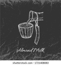 Hand Drawn Chalk White Vintage Almond Milk Being Pouring into Glass and Placed on Dark Backdrop with Texture. Textured Backdrop Made of Crumpled Packaging Paper. Vector Illustrator EPS 10.