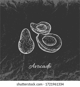Hand Drawn Chalk White Vintage Avocado Fruit Placed on Dark Backdrop with Texture. Textured Backdrop Made of Crumpled Packaging Paper. Vector Illustrator EPS 10.