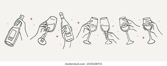 Hand drawn chalk wine illustrations. Hands with wine glass. Collection of whimsical doodle line art. Clipart vintage ink elements for menu, posters.	