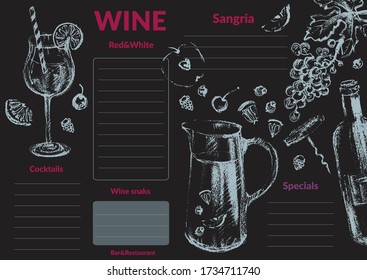 Hand drawn chalk wine list. Red wine bottle, corckscrew, grapes, vine leaf, glass goblet, sangria jug, fruit slice, lemon, berry.