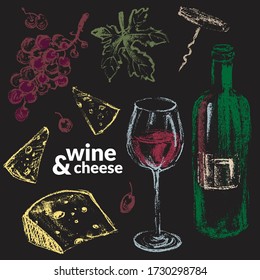 La carta de vinos, la invitación a la fiesta y el evento de cata de vinos están a disposición de los huéspedes. Botella de vino tinto, cornudo, uva, hoja de vid, goblet de vidrio, queso.