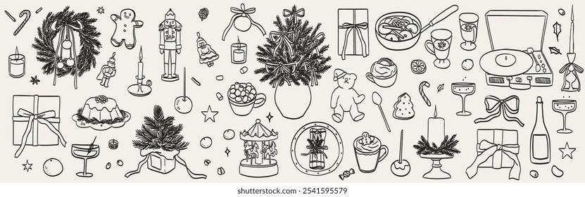 Hand drawn chalk winter food and dessert illustrations. Christmas icons. Wine, hot cacao or chocolate, gifts, toys, baubles drawings for new year invitations, cafe menus and parties in sketch style.