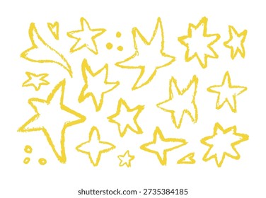 Hand drawn chalk yellow doodle elements set with stars, hearts, moons, arrows, dots, and abstract shapes. Rough crayon texture with playful childish style and sketchy outlines. Perfect for kids design