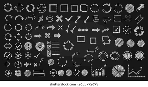 Hand drawn chalkboard arrow and shape icons collection for design projects