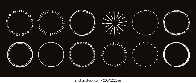 Hand drawn chalkboard circle line badge set. Rustic, chalk grunge style circle badge for frame, label, burst border. Vector illustration. Drawn brush scribble line.