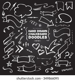 Hand Drawn Chalkboard Doodles including bubbles, arrows, banners & decorative elements on black background