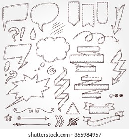 Hand Drawn Chalkboard Doodles including bubbles, arrows, banners, emotions & decorative elements. Vector Collection of Chalkboard Style Banners, Ribbons and Frames. Comic Speech.