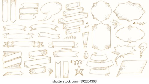 Hand Drawn Chalkboard Doodles including bubbles, arrows, banners, emotions & decorative elements. Vector Collection of Chalkboard Style Banners, Ribbons and Frames. Comic Speech.