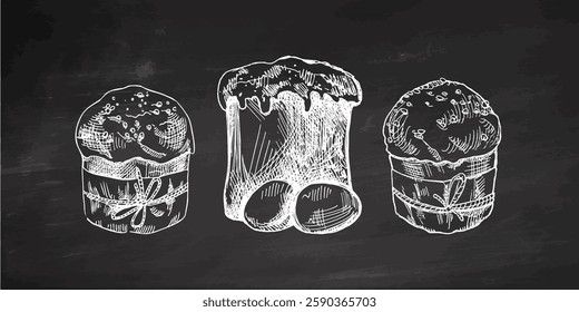 Hand drawn chalkboard Easter cakes with icing and eggs on chalkboard background