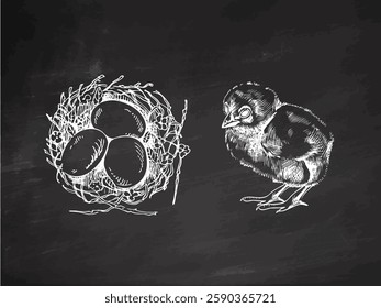 Hand drawn chalkboard Easter nest with eggs and baby chick on chalkboard background