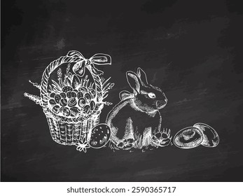 Hand drawn chalkboard Easter still life with bunny and festive basket on chalkboard background