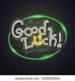 Hand Drawn Chalkboard Good Luck Lettering with Neon on Blackboard Background. Vector clip art.