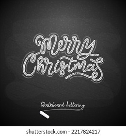 Hand Drawn Chalkboard Merry Christmas Lettering on Blackboard Background. Vector clip art.