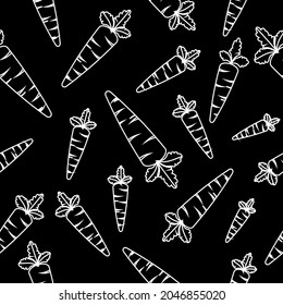 Hand Drawn Chalkboard Style Carrots Outline Vector Seamless Pattern. Carrots Texture On White Background. Vector Natural Carrot. Organic Vegetable Design Element. Carrots Seamless Pattern Wallpaper.