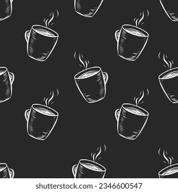 Hand Drawn Chalkboard Style Seamless Pattern Design Hot Coffee or Tea Mug Chalk Doodle Style cup Design Element with Flying Steam Hot Drink Mug Illustration Vintage Artwork. Steaming Hot Cup Texture.