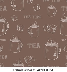 Hand Drawn Chalkboard Style Seamless Pattern Design Hot Coffee or Tea Mug Chalk Doodle Style cup Design Element with Flying Steam Hot Drink Mug Illustration Vintage Artwork. Steaming Hot Cup Texture.