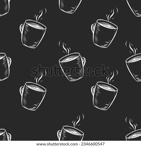 Hand Drawn Chalkboard Style Seamless Pattern Design Hot Coffee or Tea Mug Chalk Doodle Style cup Design Element with Flying Steam Hot Drink Mug Illustration Vintage Artwork. Steaming Hot Cup Texture.