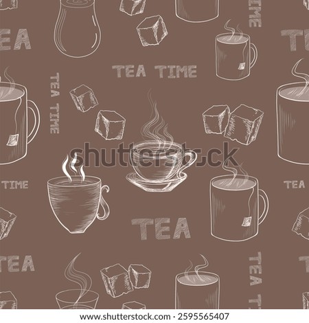 Hand Drawn Chalkboard Style Seamless Pattern Design Hot Tea Mugs Chalk Doodle Style cup Design Element with Flying Steam of Different Mugs Illustration Vintage Artwork. Steaming Hot Cup Texture.