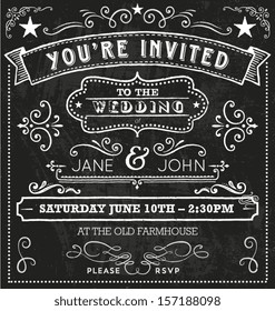 A Hand Drawn Chalkboard Style Wedding Invitation With A Group Of Design Elements.